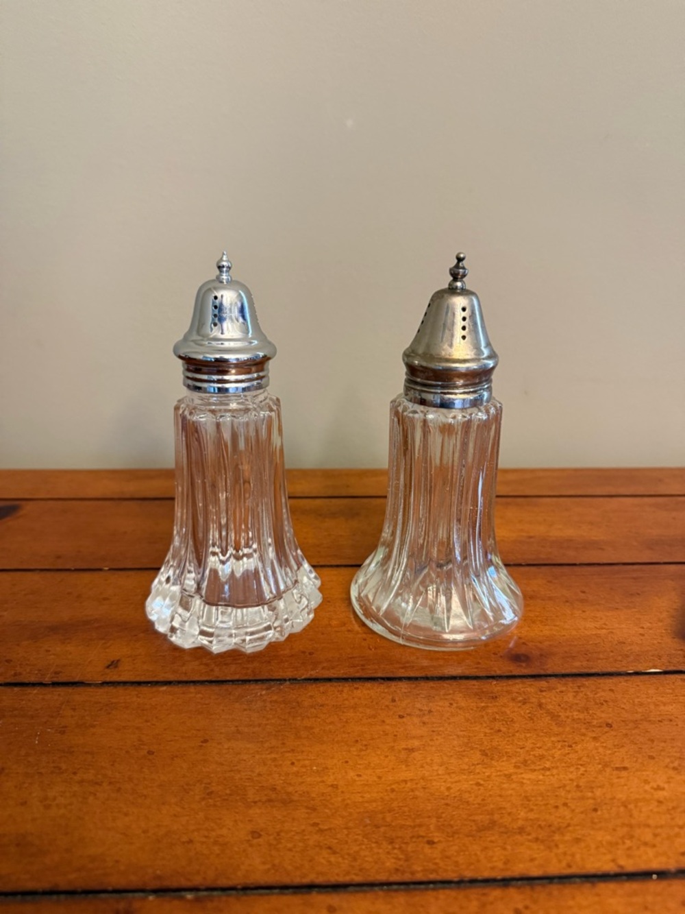 Vintage Glass Salt and Pepper Shakers with SilverTops